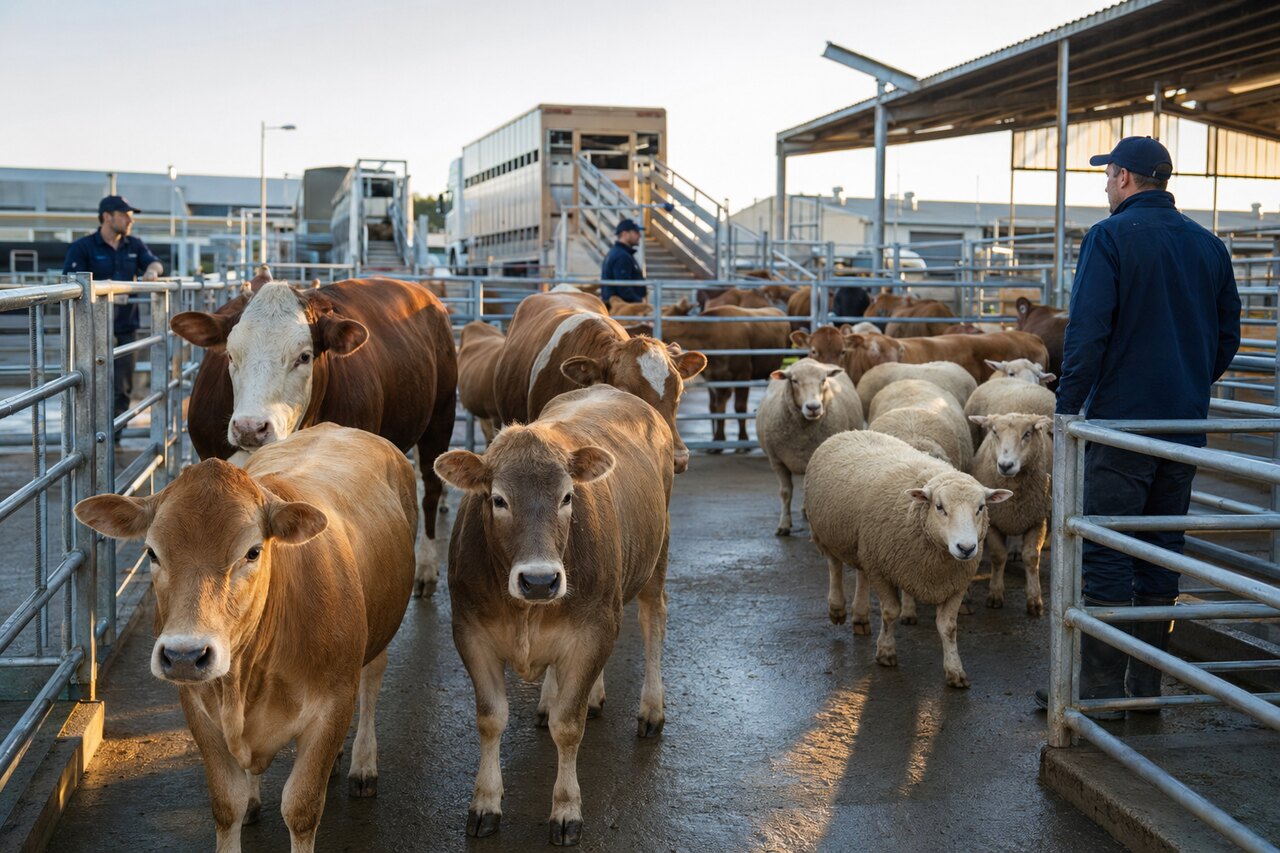 Cattle and sheep being inspected for international procurement