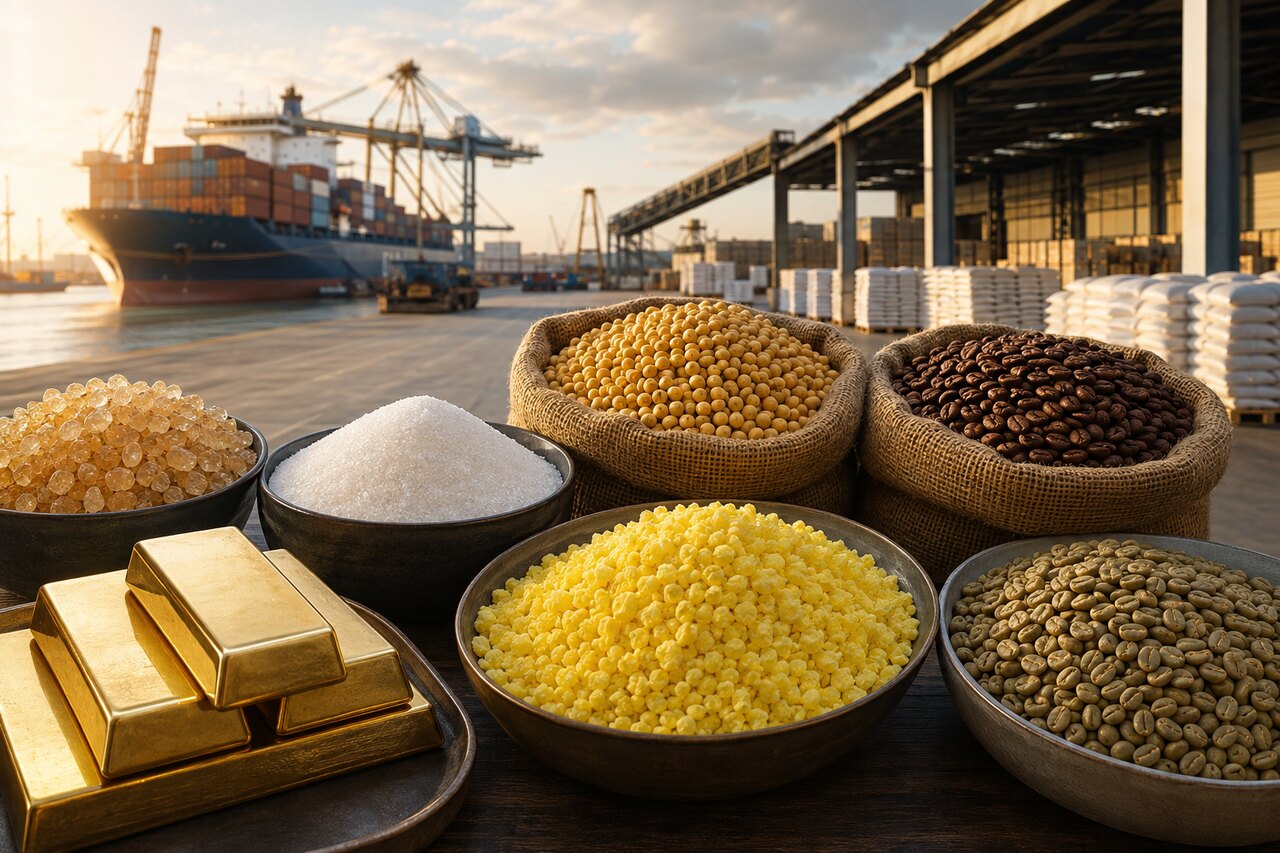 Sugar, soybeans, gold, sulfur and coffee prepared for international trade