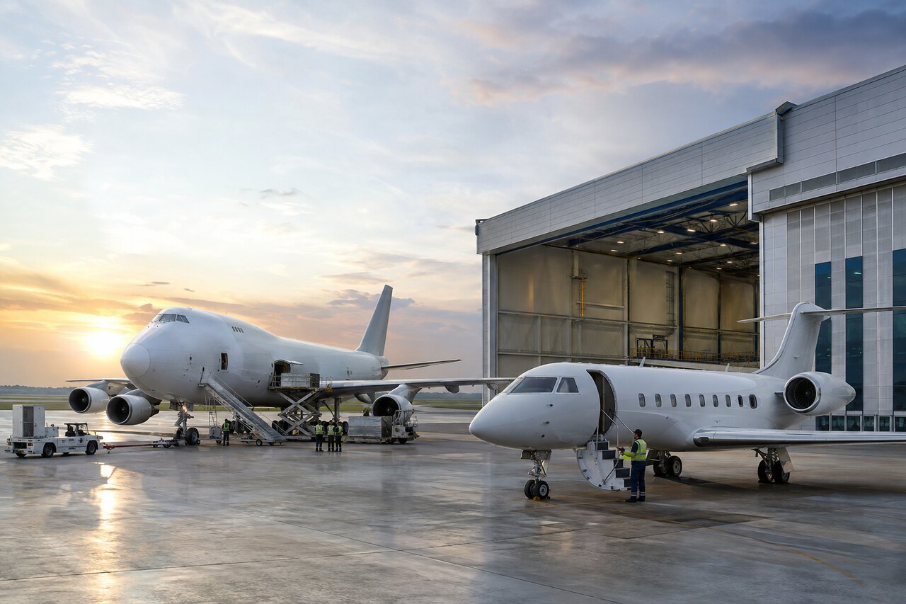 Cargo aircraft and private jet positioned at an aviation facility